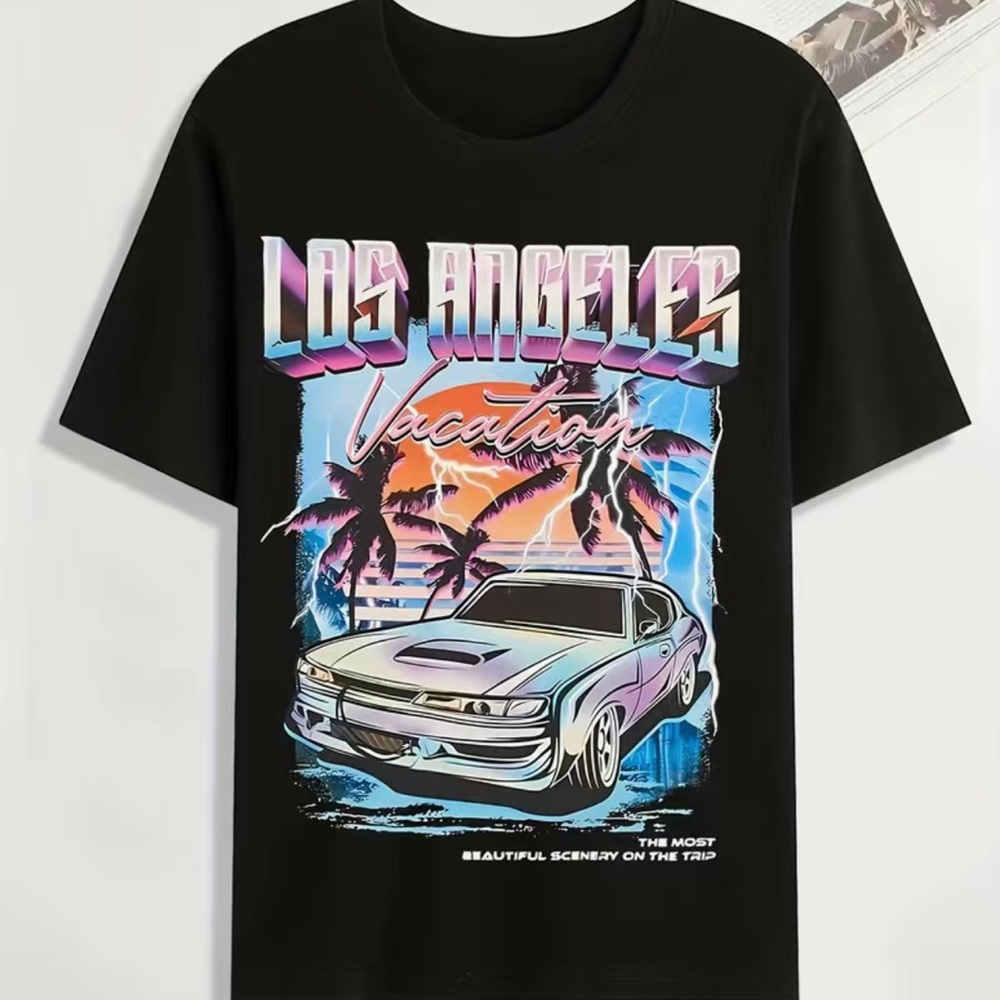 Stylish Vintage Car & Los Angeles Letter Pattern Print Mens Stretch T-shirt
